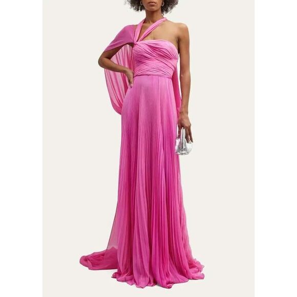 Naeem Khan Pleated Chiffon Draped Ruched Halter Maxi Gown Pink Size 4 $5995